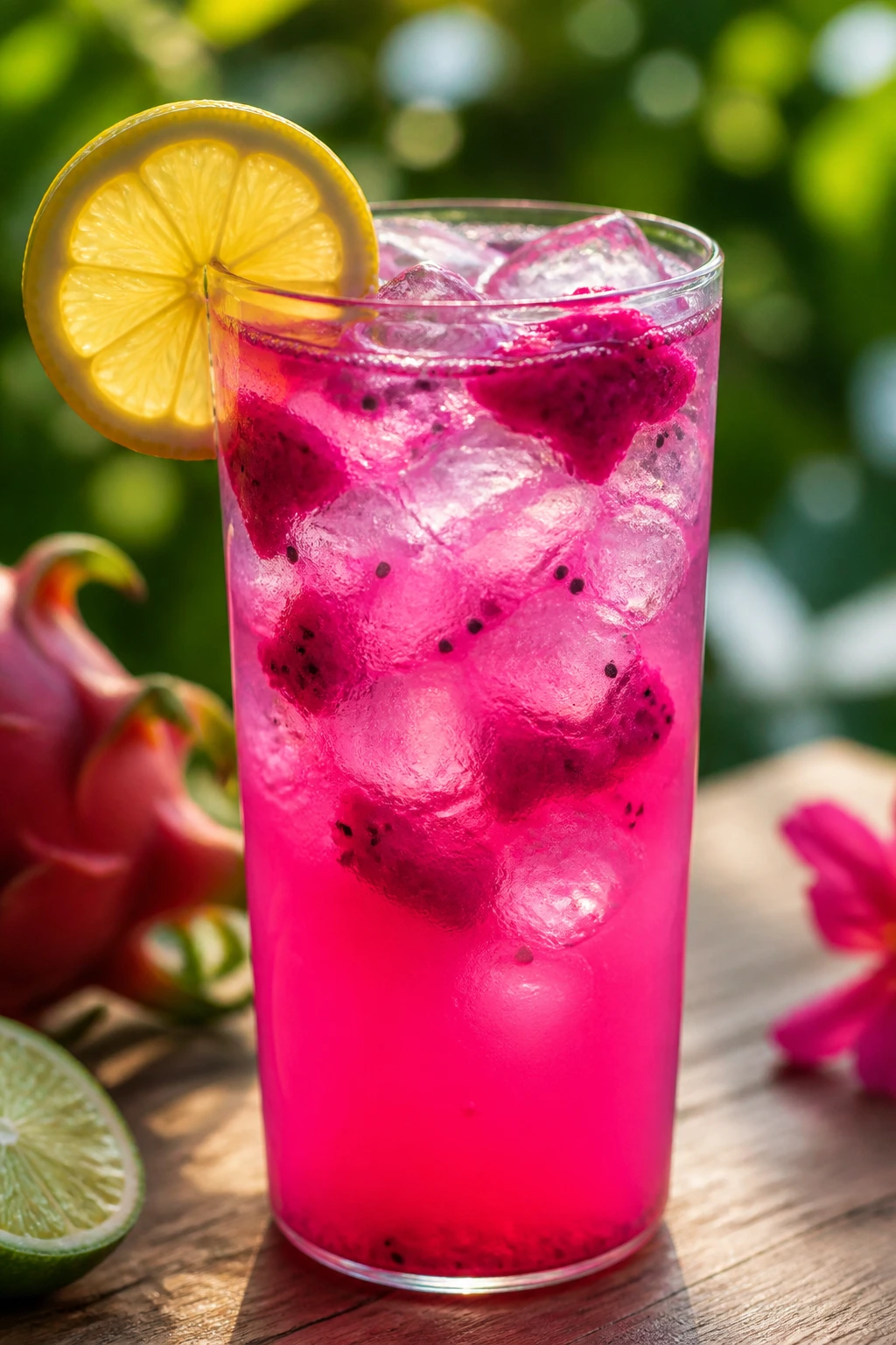 Tall glass of Dragon Fruit Lemonade with lemon wheel on a sunny outdoor table