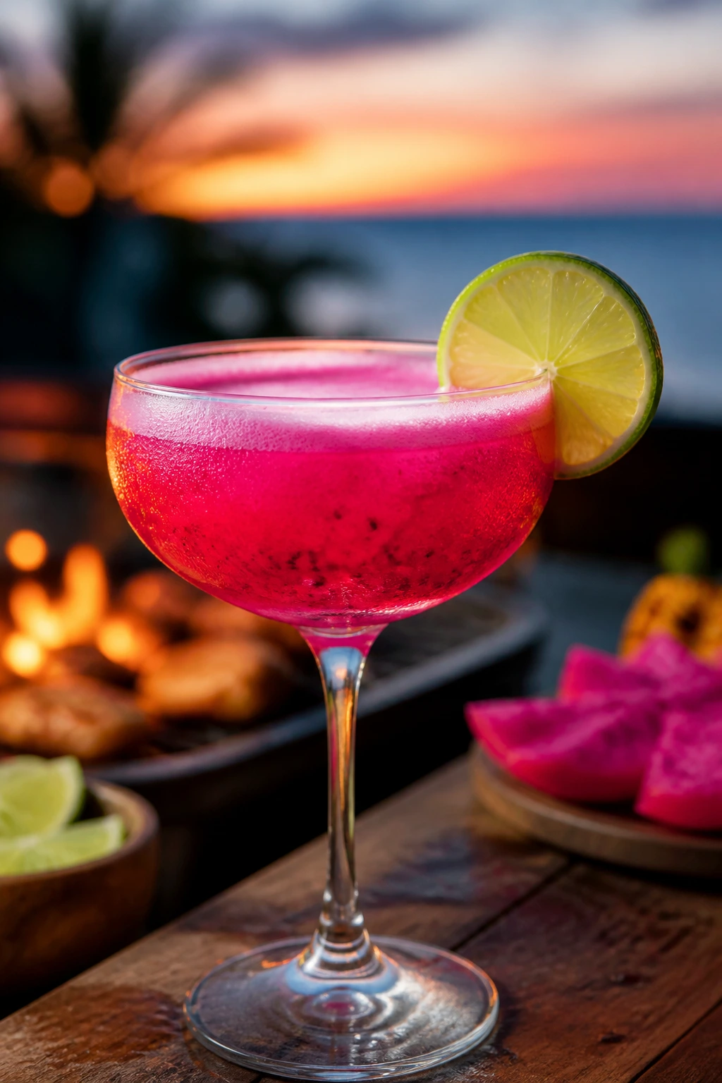 Pink dragon fruit mezcal sour in a coupe with lime wheel