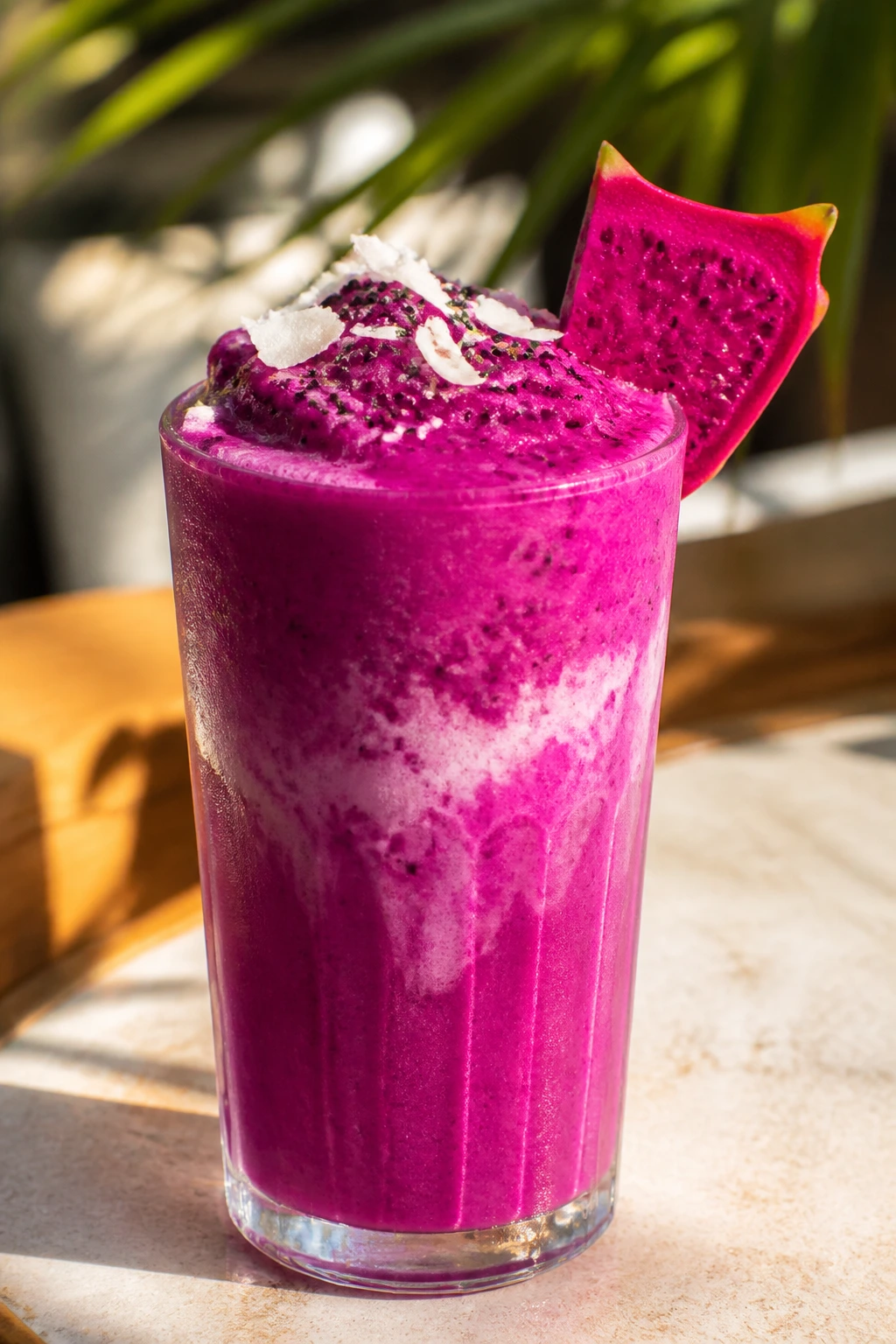 Close-up of dragon fruit coconut milkshake in a glass with magenta color