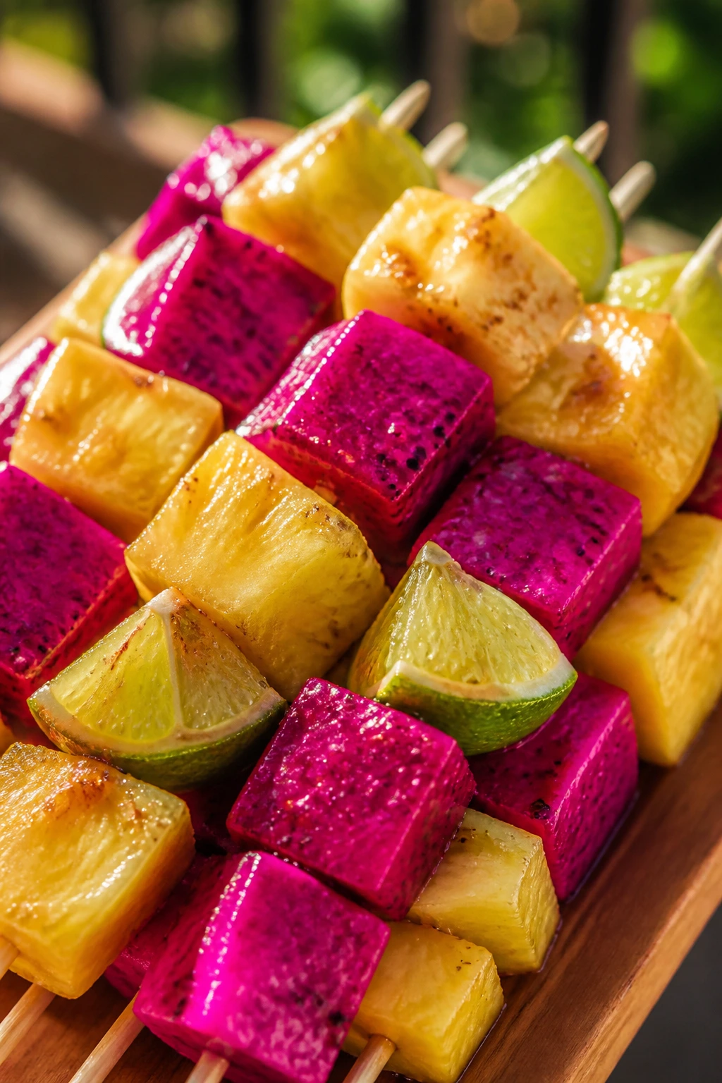 Close-up of Dragon Fruit, Pineapple, and Lime Kebabs outdoors