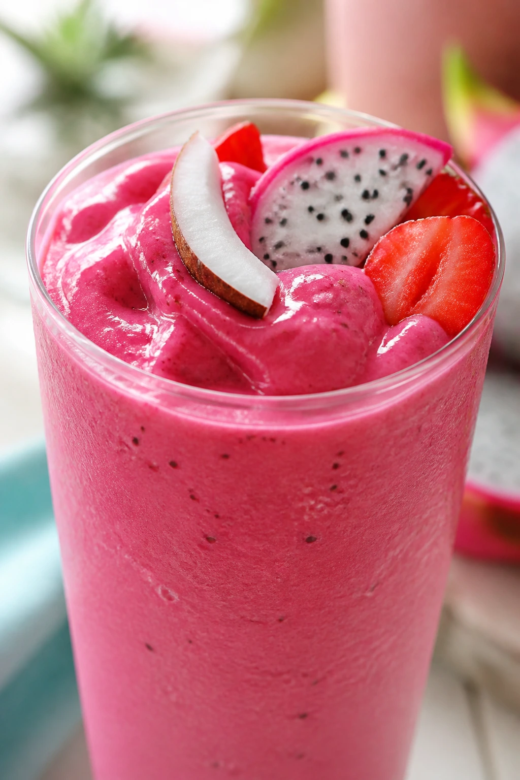 Bright pink dragon fruit strawberry coconut smoothie in glass