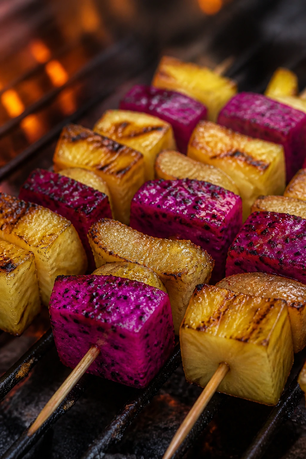 Dragon fruit and pineapple skewers with ginger glaze grilled outdoors