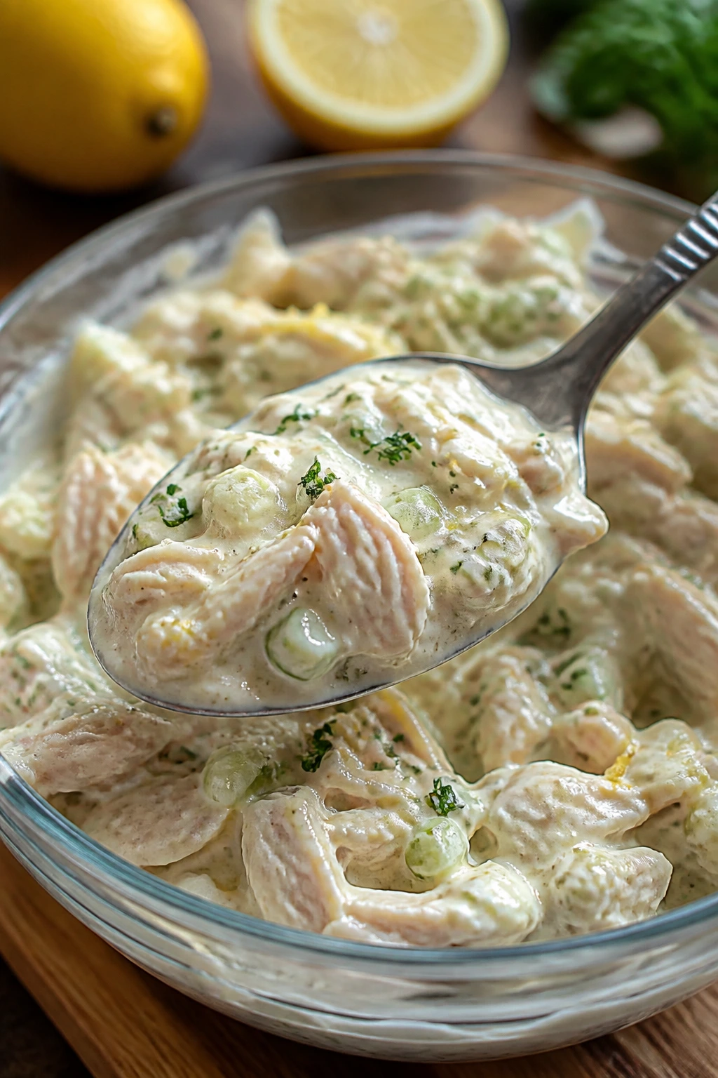 Glossy dressing coating chicken salad in a glass bowl