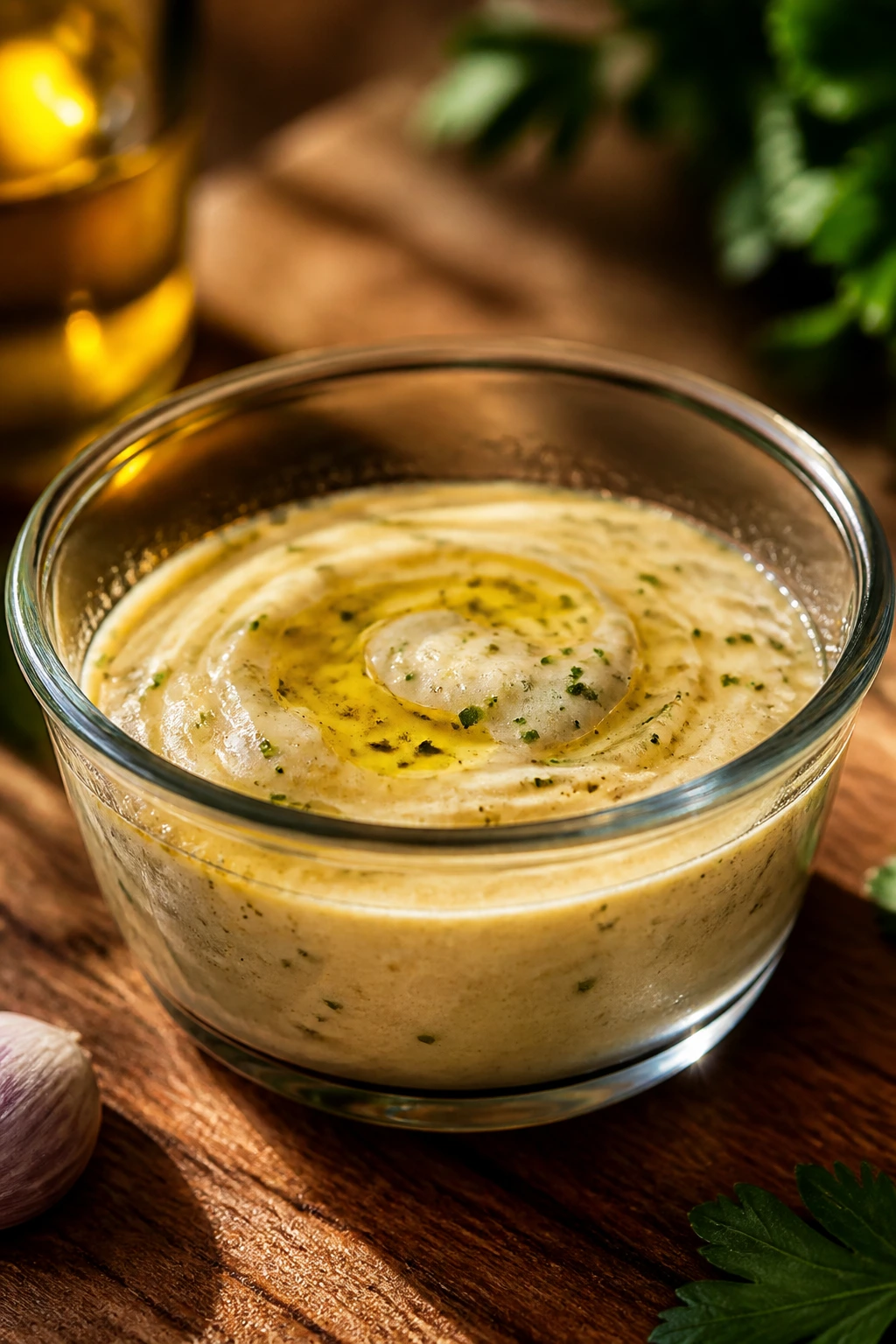 Glossy dressing emulsion in glass bowl
