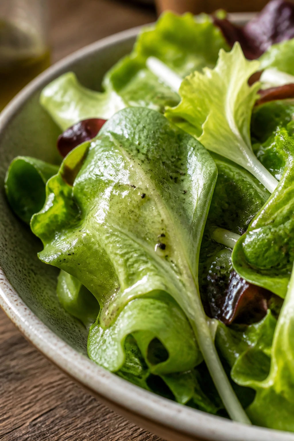 Close-up of glossy dressing clinging to fresh lettuce leaves in a bowl