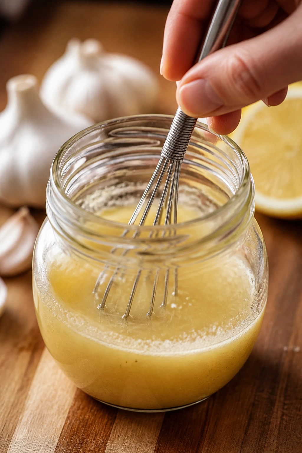 Close-up of glossy emulsion dressing being whisked in a glass jar