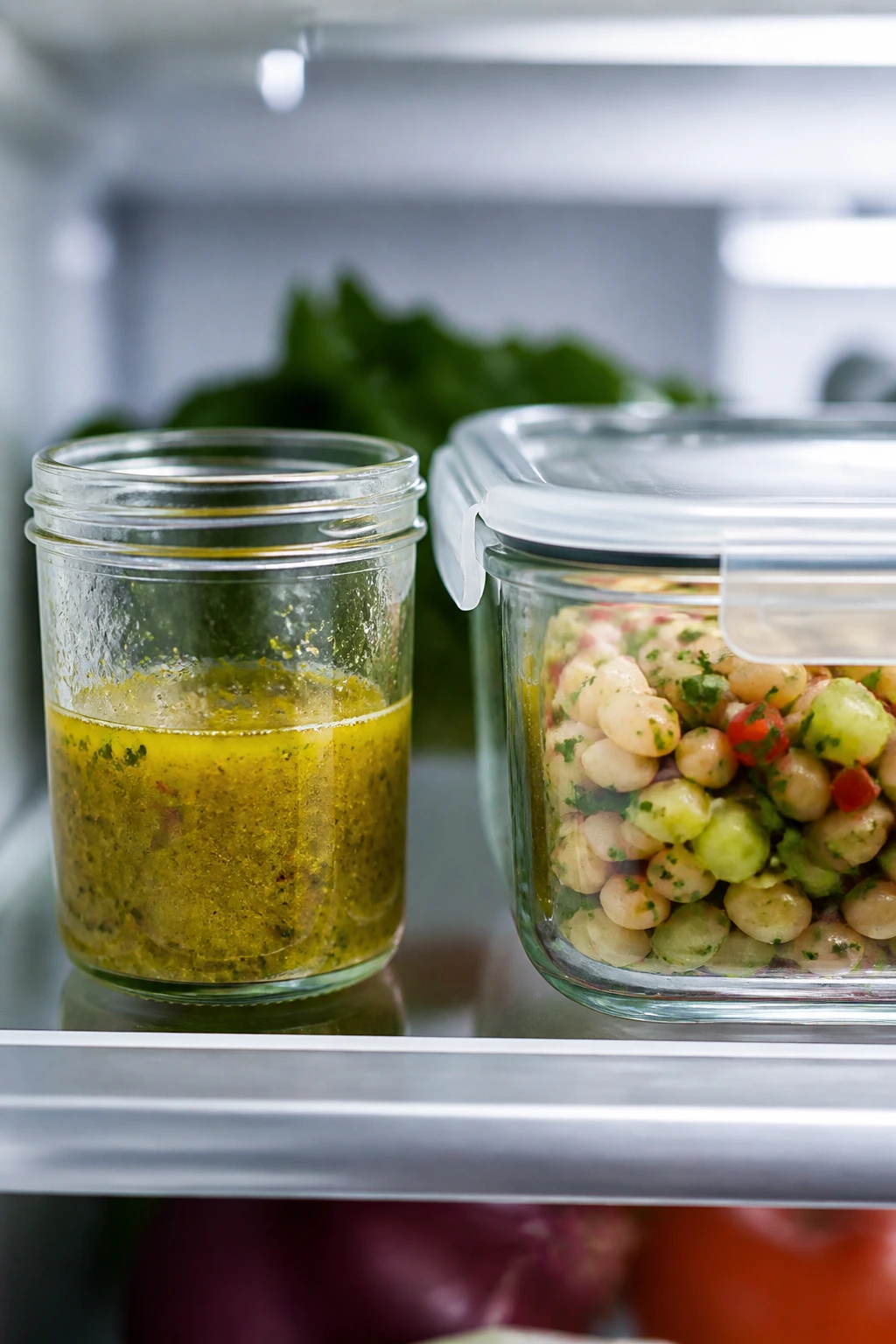 Glass dressing jar and salad container ready for make-ahead storage