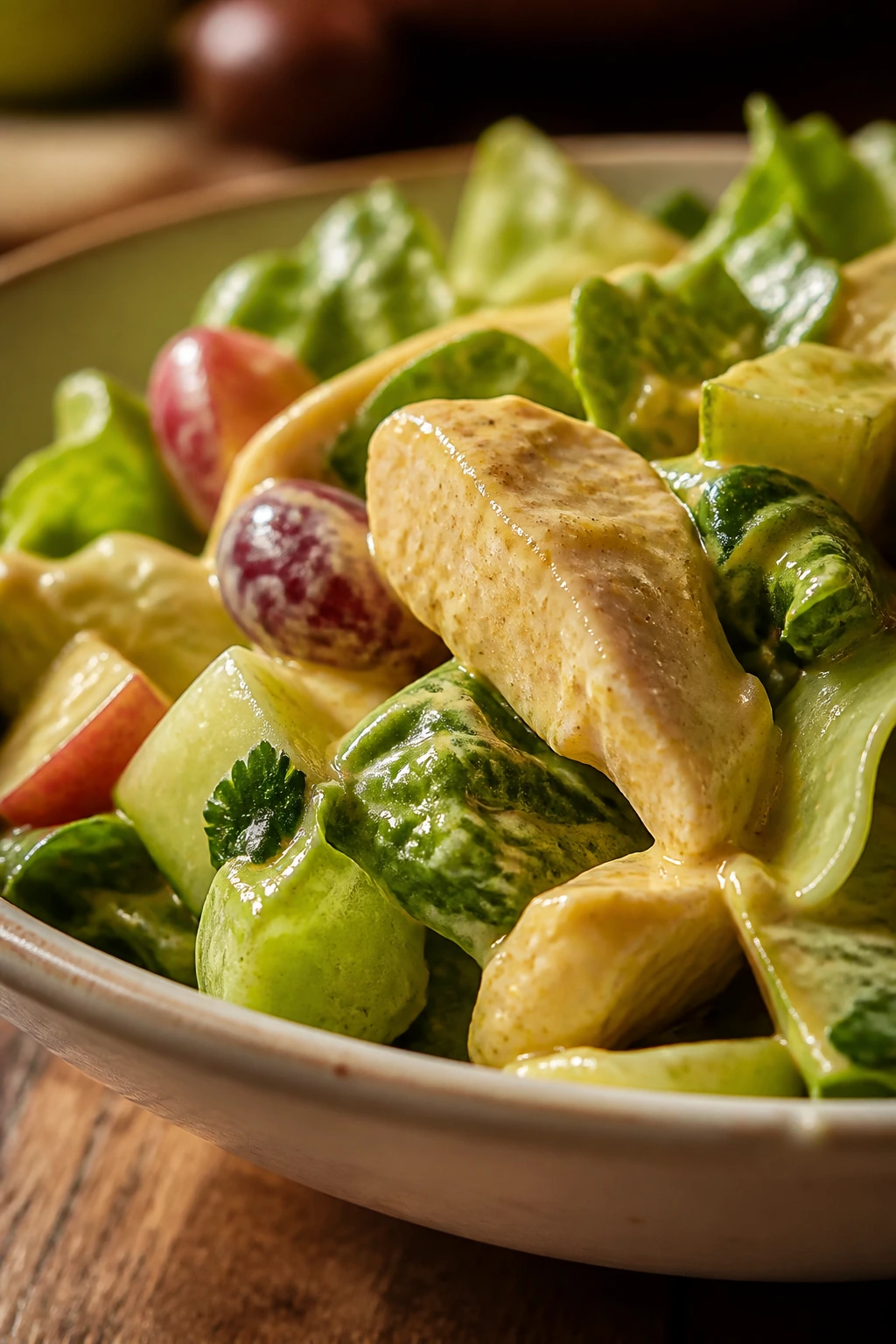 Glossy curry dressing coating chicken salad in a warm kitchen