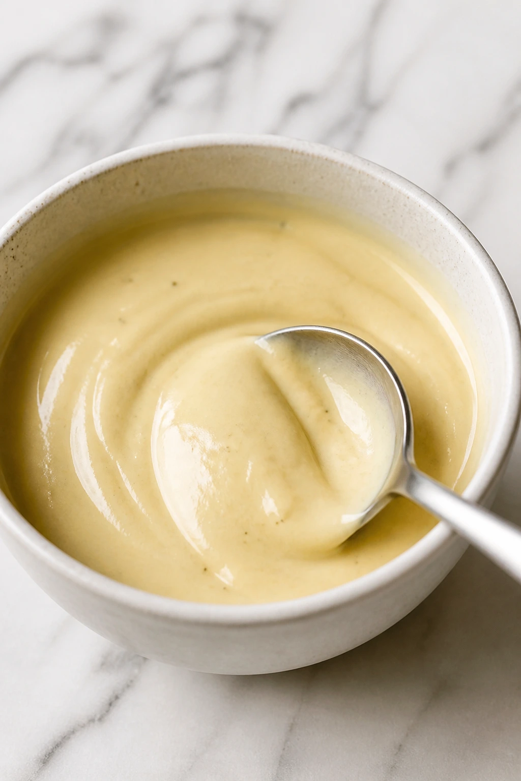 Creamy dressing in a small bowl with spoon, glossy and smooth