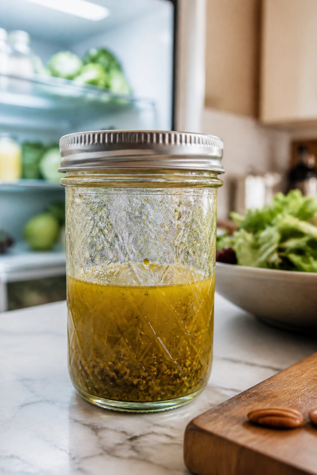 Sealed glass jar of dressing in fridge glow.