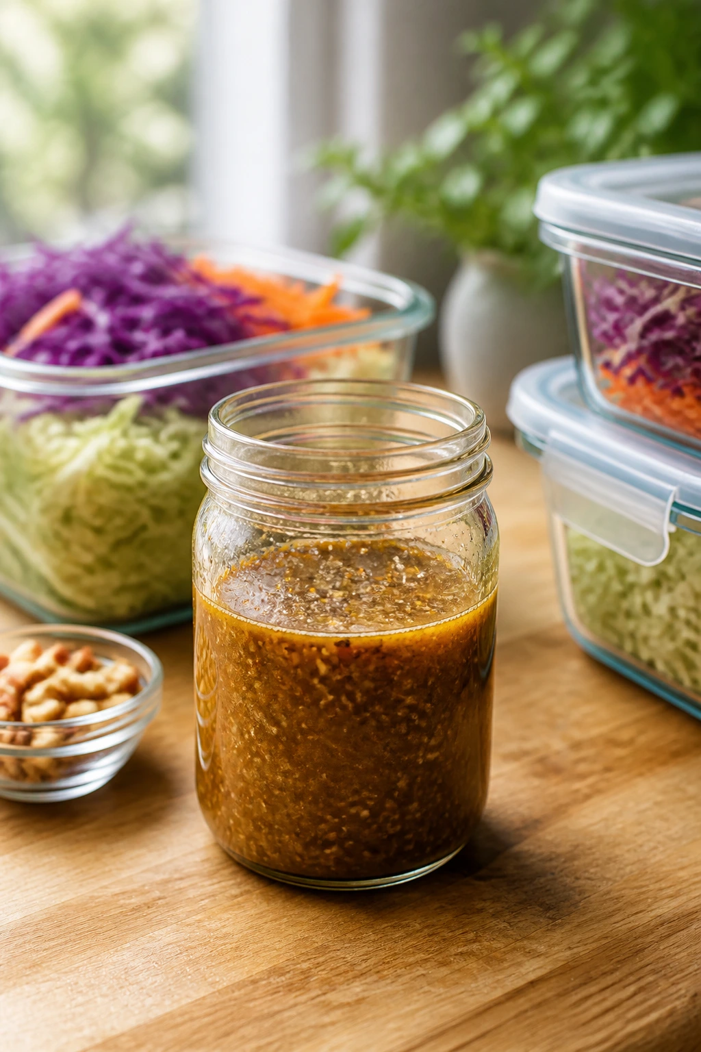 Glass jar of dressing on a kitchen counter ready for storage