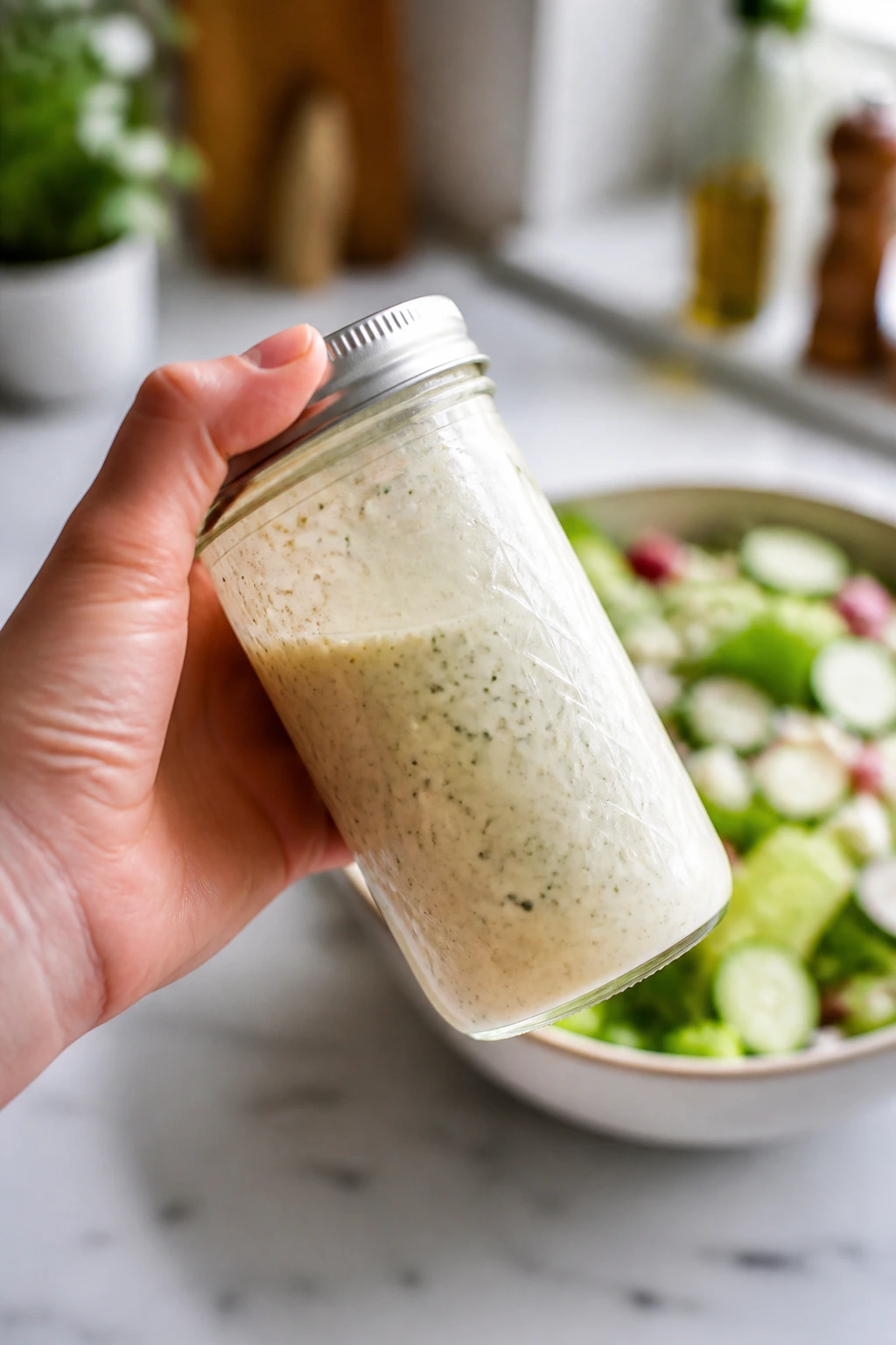 Sealed jar of dressing being shaken on a bright kitchen counter
