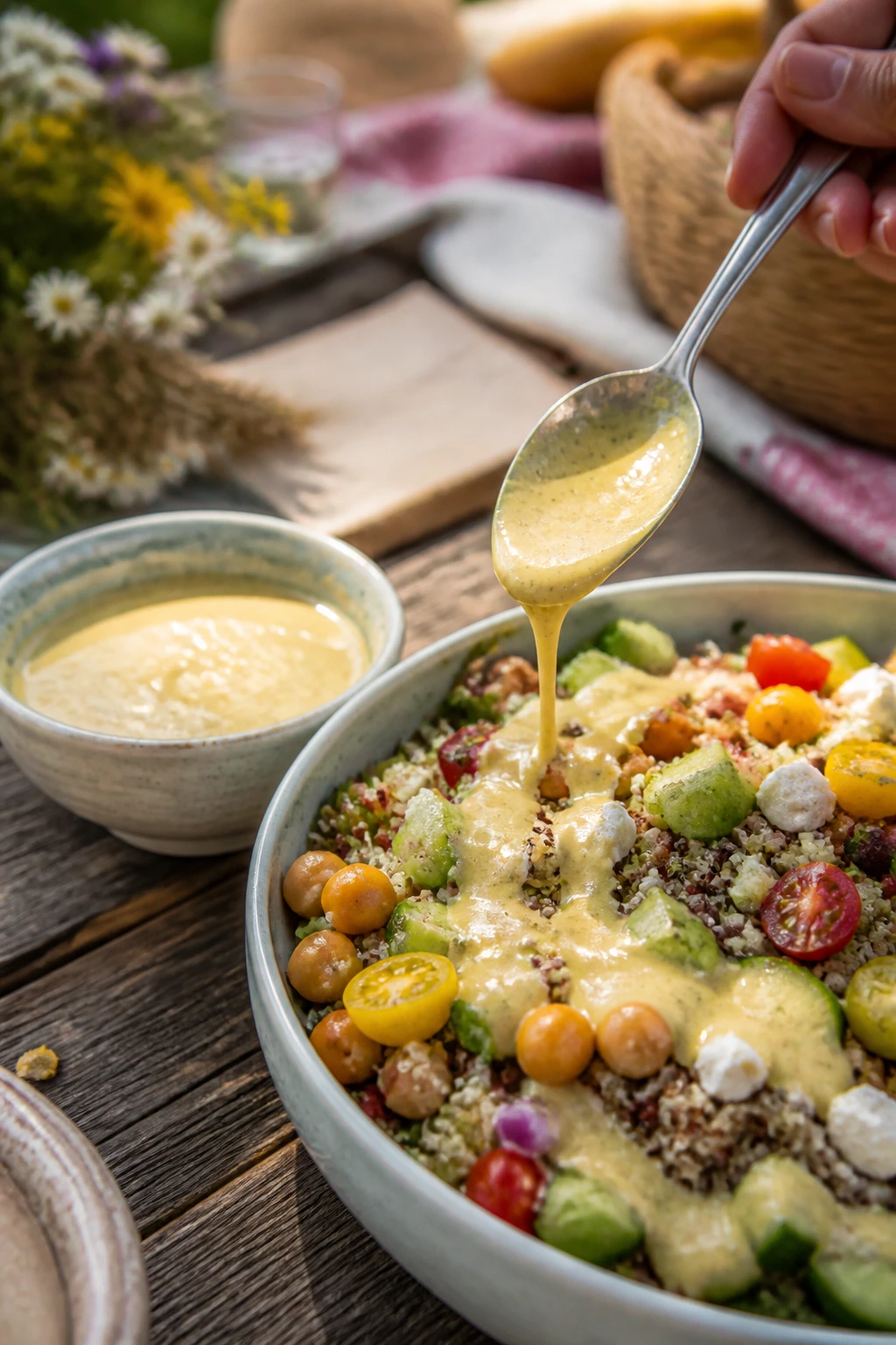 Glossy lemon-tahini dressing in a bowl atop a grain salad