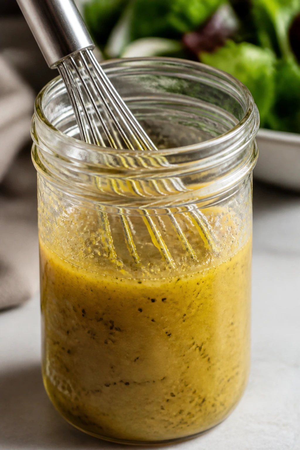 Emulsified vinaigrette in a glass jar ready to whisk