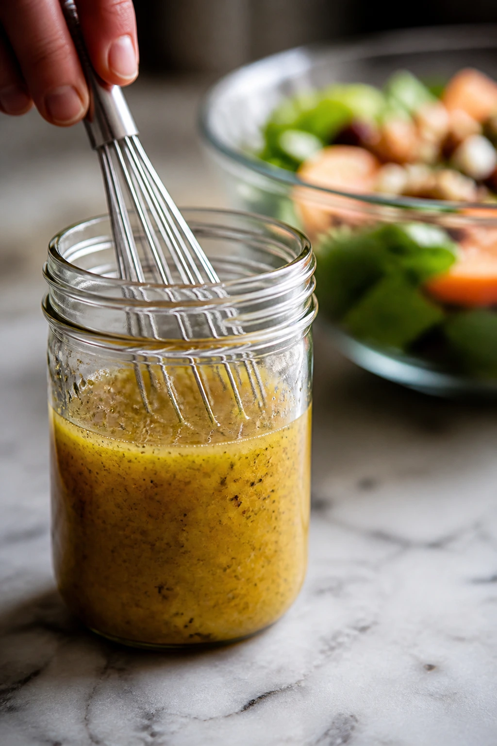 Dressing being whisked in a glass jar on kitchen counter