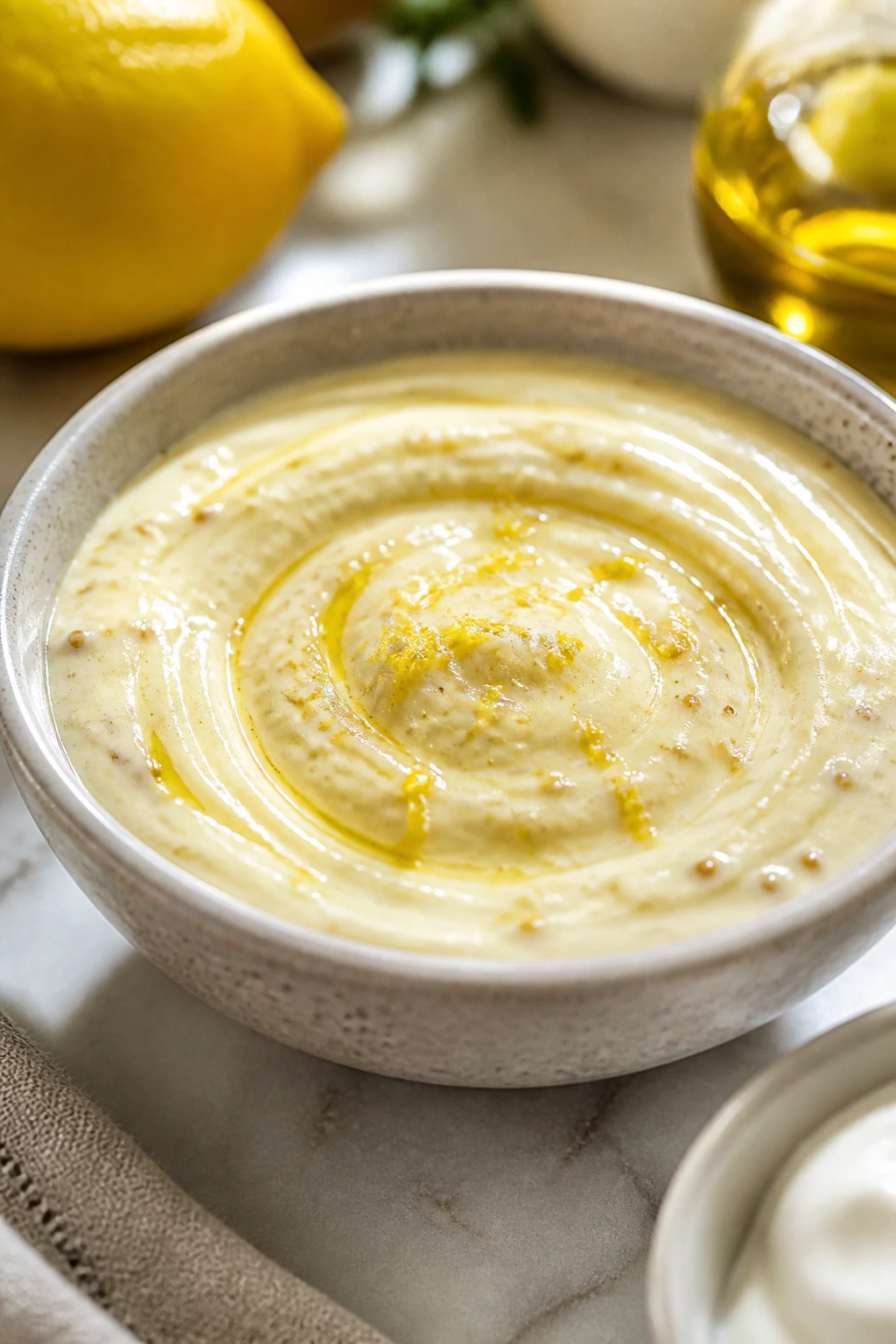 Close-up of bright, creamy dressing with lemon zest and Dijon