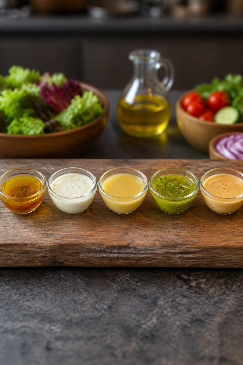 Top-down row of five bowls containing different light salad dressings