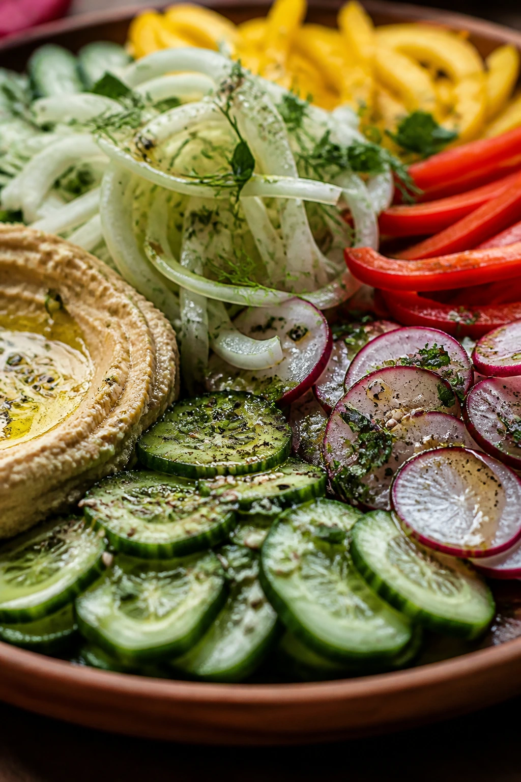 Vegetables with glossy dressing and seeds for flavor balance.