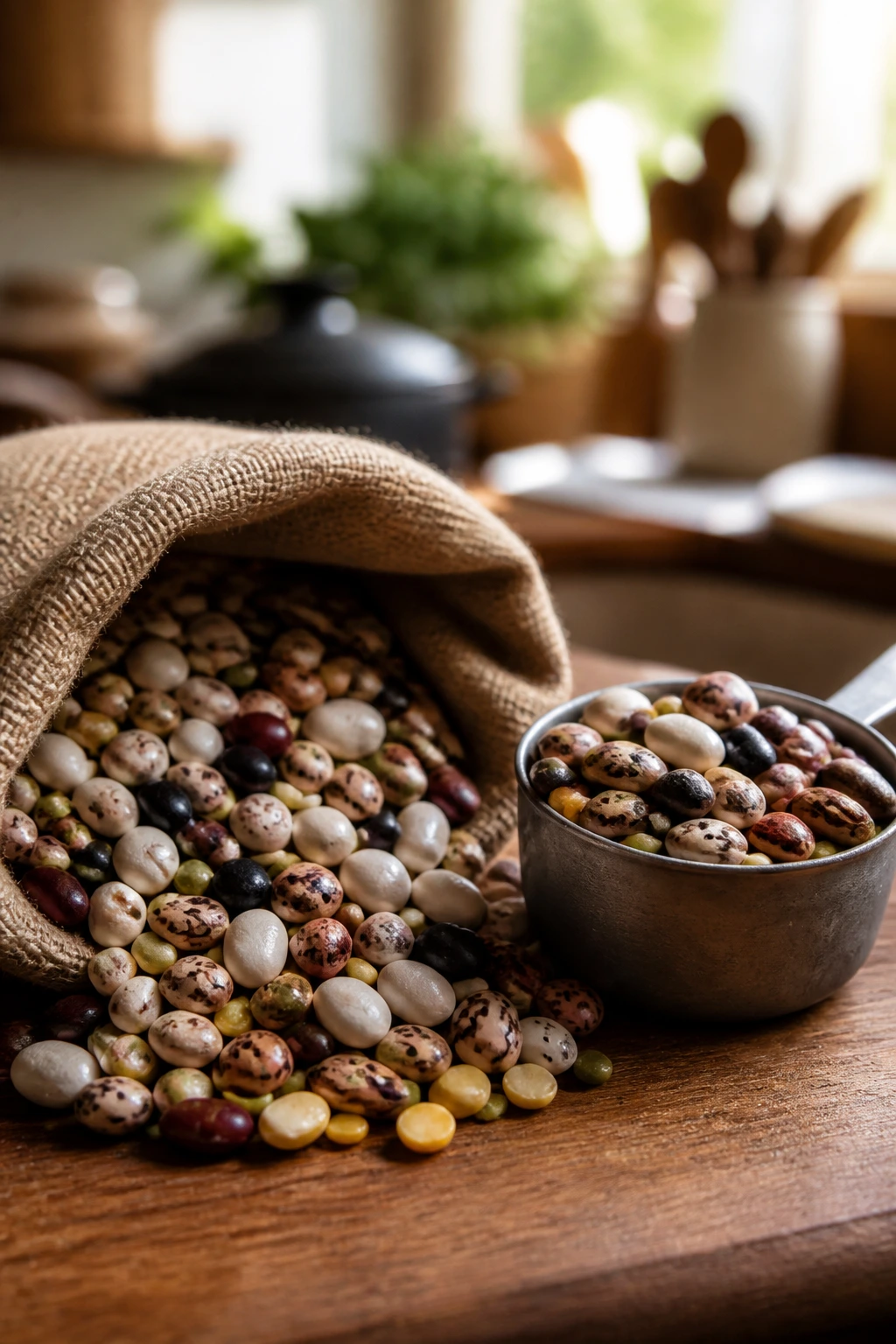 Close-up of dried beans in a burlap sack with a measuring cup on a wooden counter