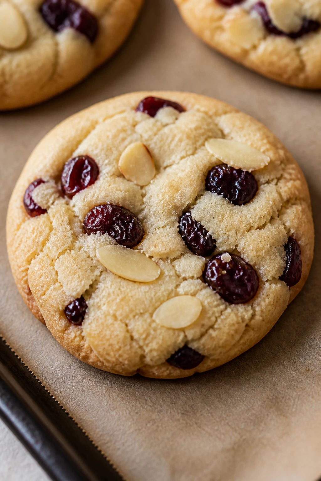 Close-up of cherry almond sugar cookie with dried cherries on parchment
