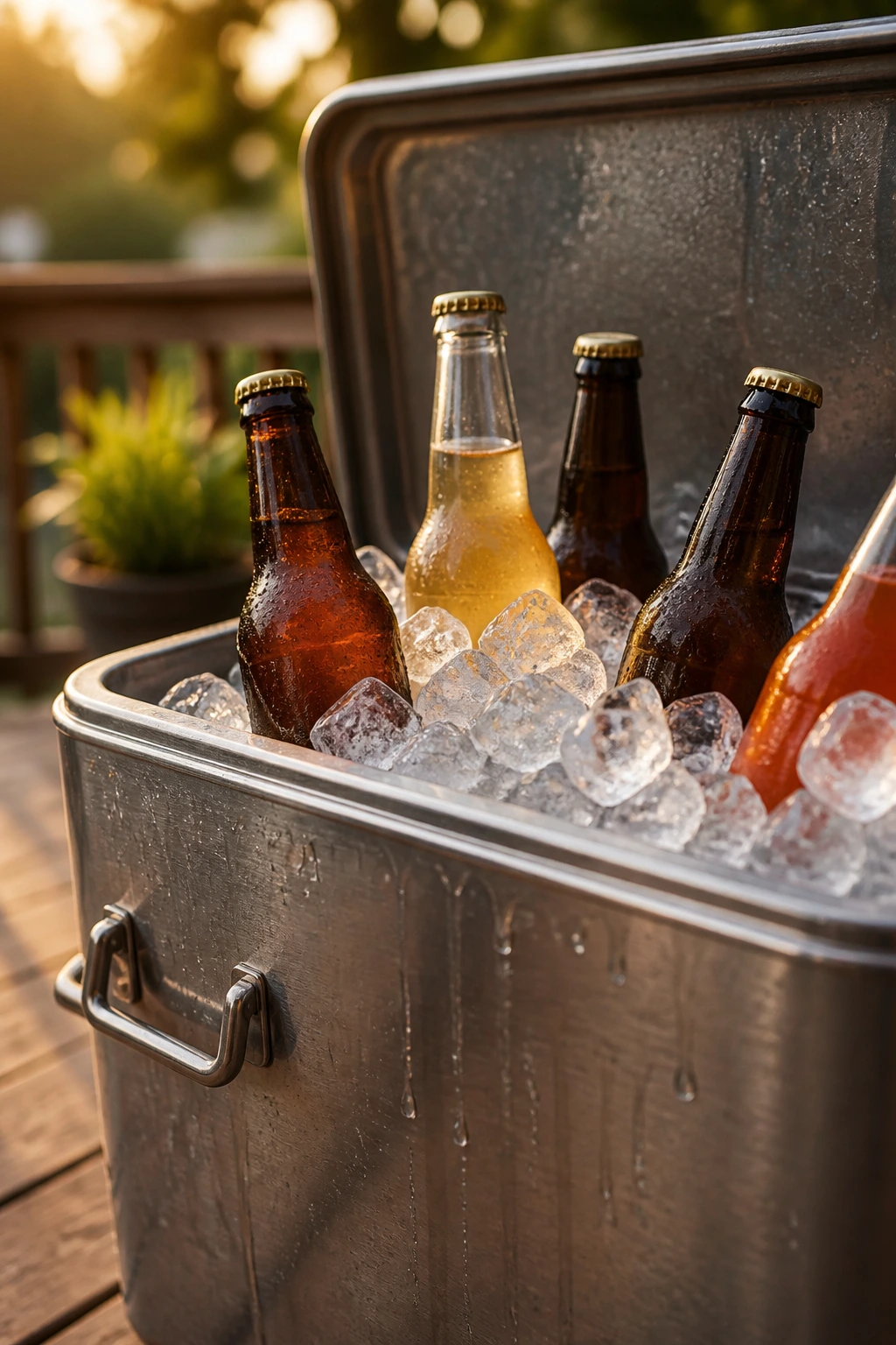 Close-up of a frosty drink cooler with ice and bottles in a backyard setting