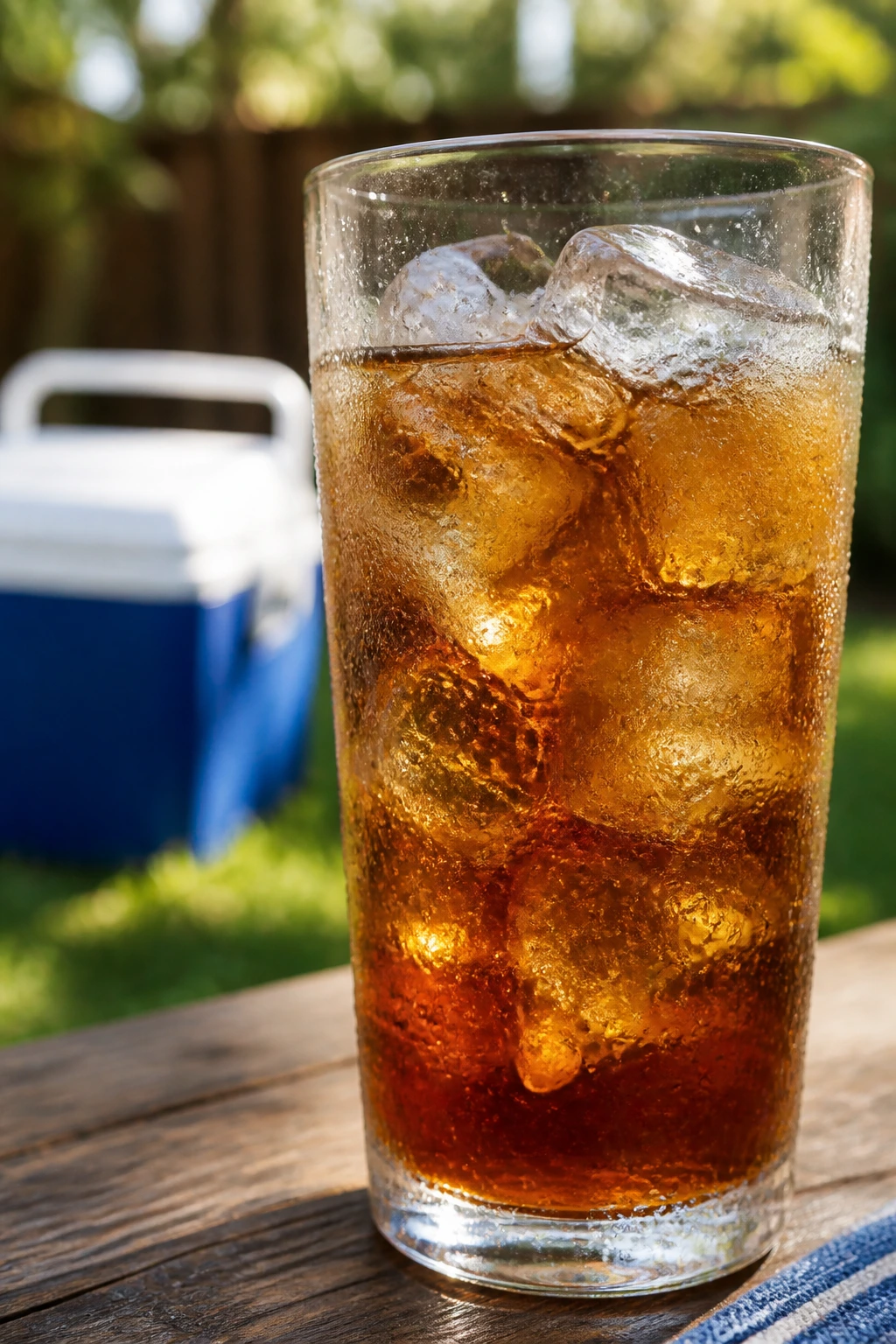 Close-up of a cold drink glass with ice at a sunny backyard picnic