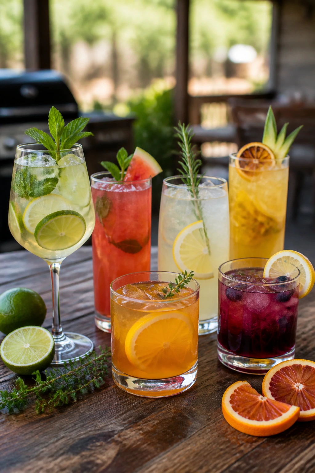 Assorted drinks in tall and rocks glasses with garnishes on a wooden table