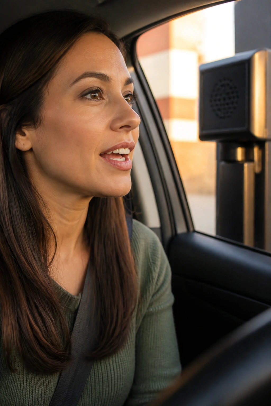 Portrait of a real person ordering at a drive-thru intercom