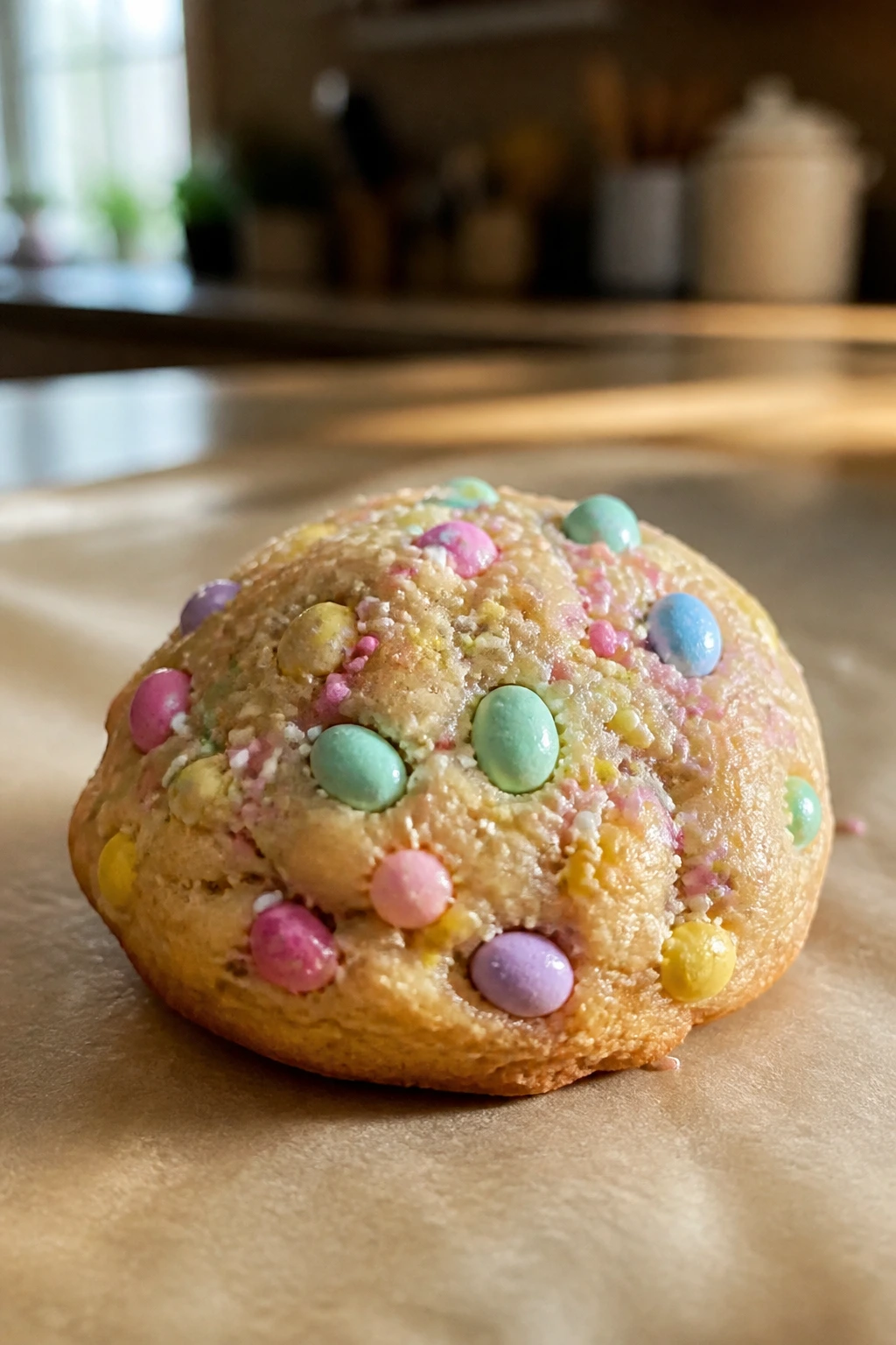 Glossy drop cookie on parchment in warm kitchen