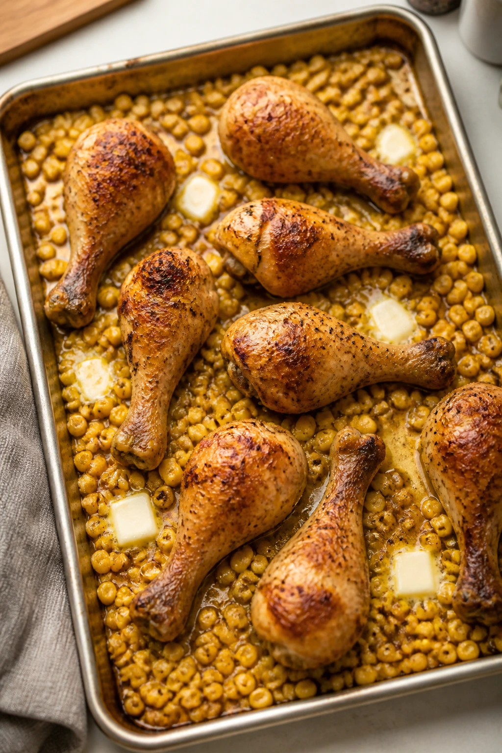 Top-down view of chicken drumsticks and corn on a sheet pan