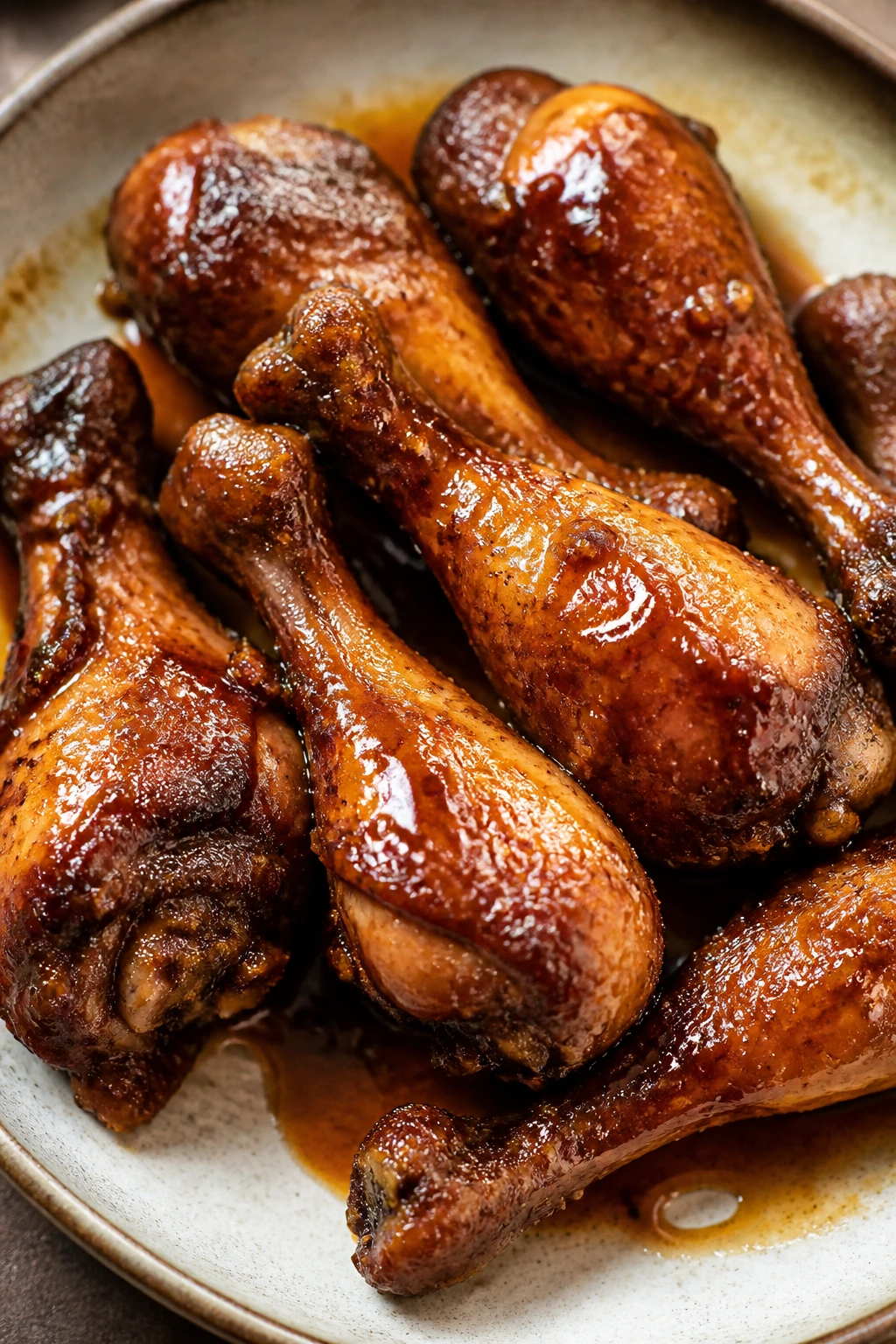 Chicken drumsticks with glossy soy glaze on plate