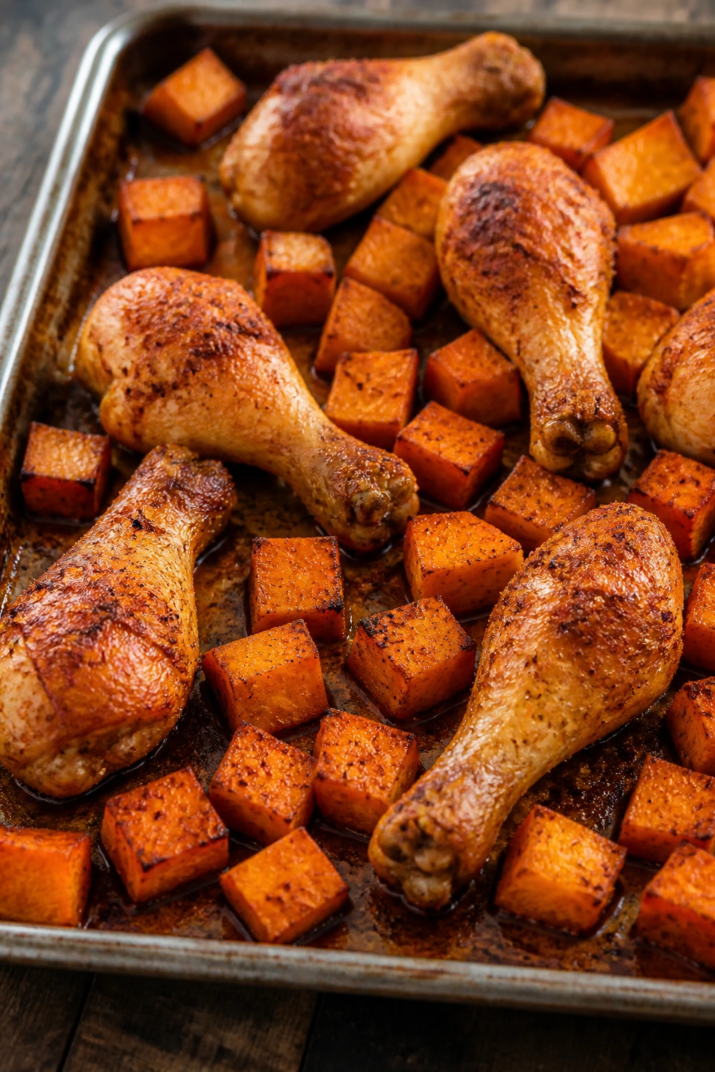 Sheet pan with roasted chicken drumsticks and sweet potatoes