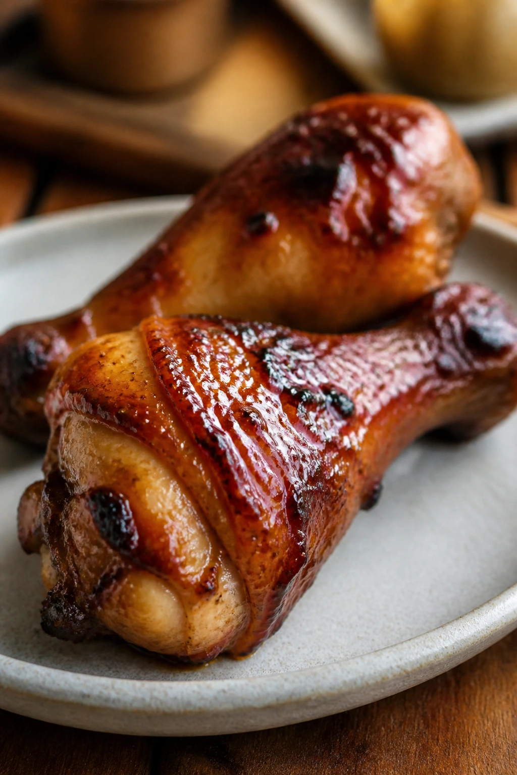 Close-up of baked teriyaki chicken drumsticks with glaze