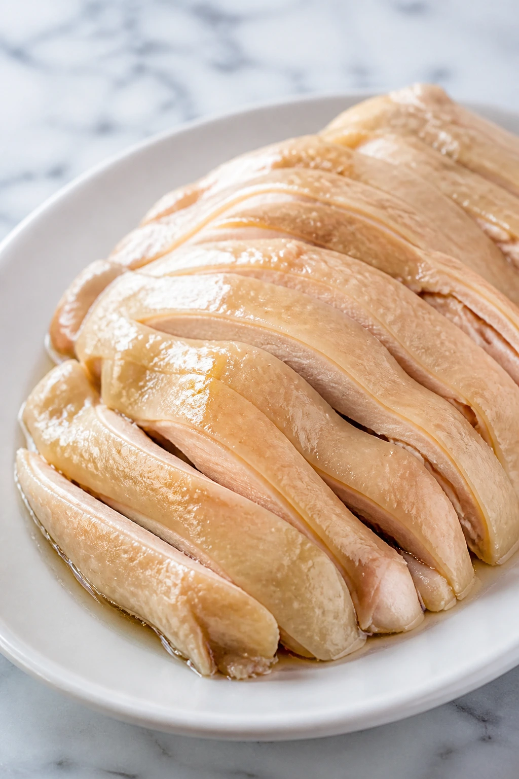 Pale sliced drunken chicken with Shaoxing glaze on a plate