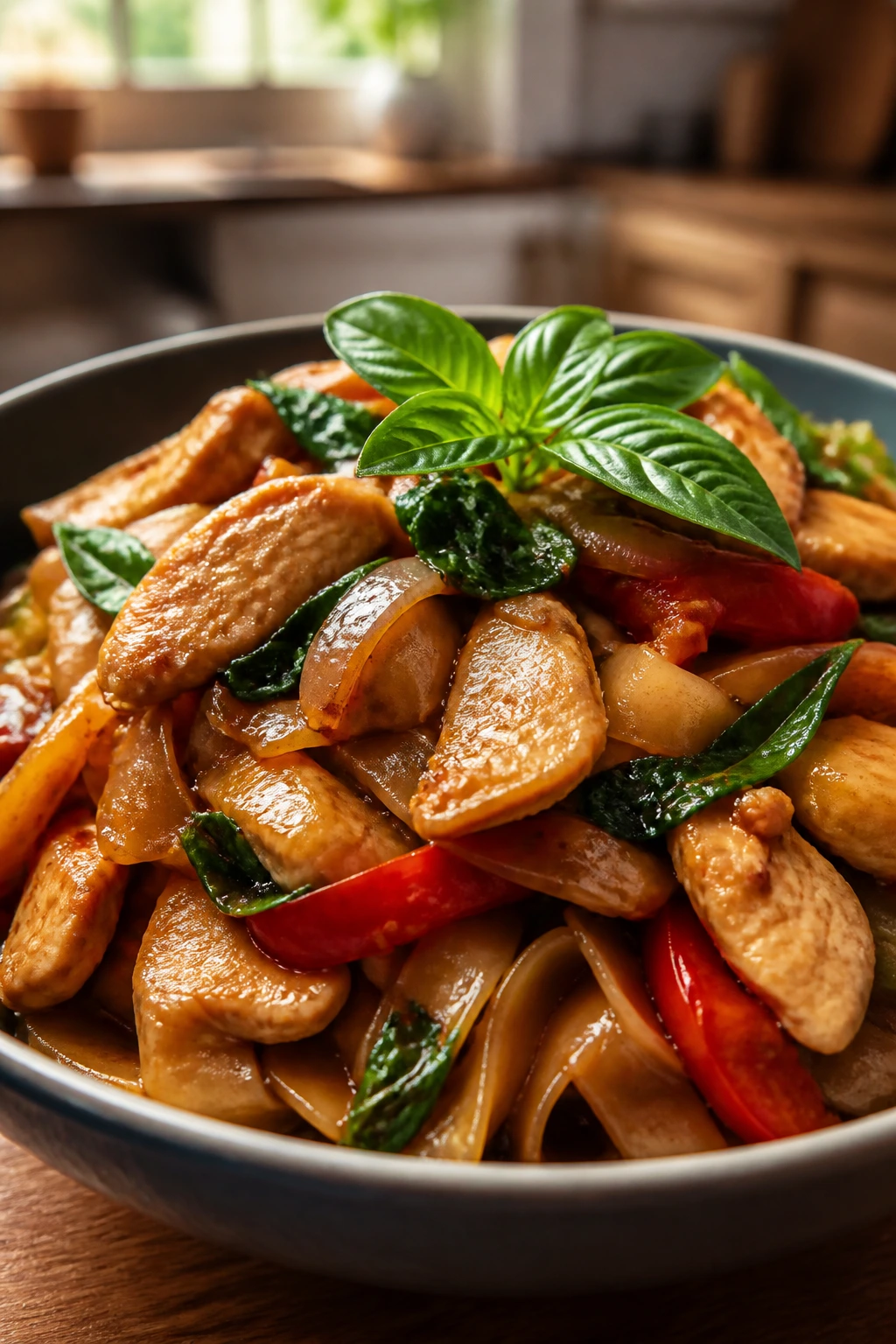 Close-up of Drunken Noodles with Chicken and Thai Basil in a bowl on a warm kitchen counter