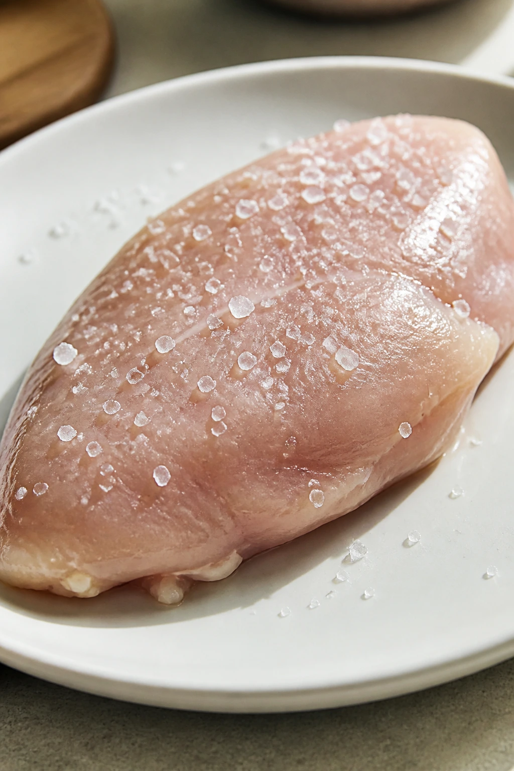 Raw chicken breast with salt crystals for dry brine on plate