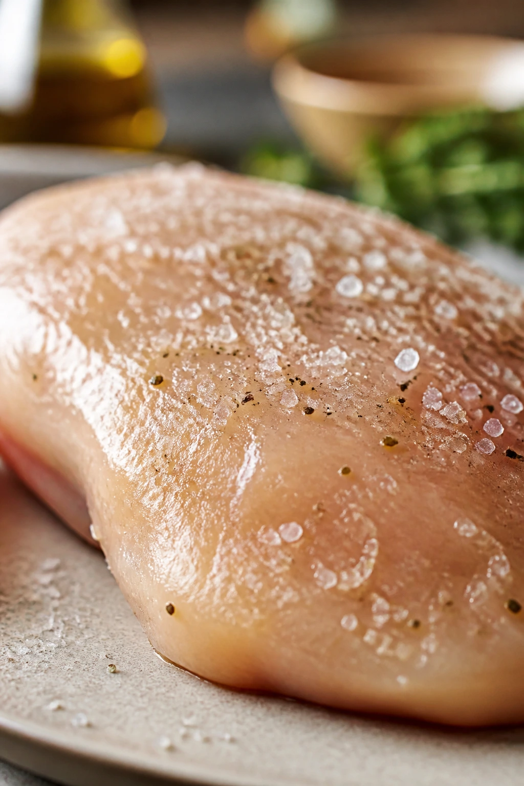 Chicken breast with salt crystals for dry brine in kitchen