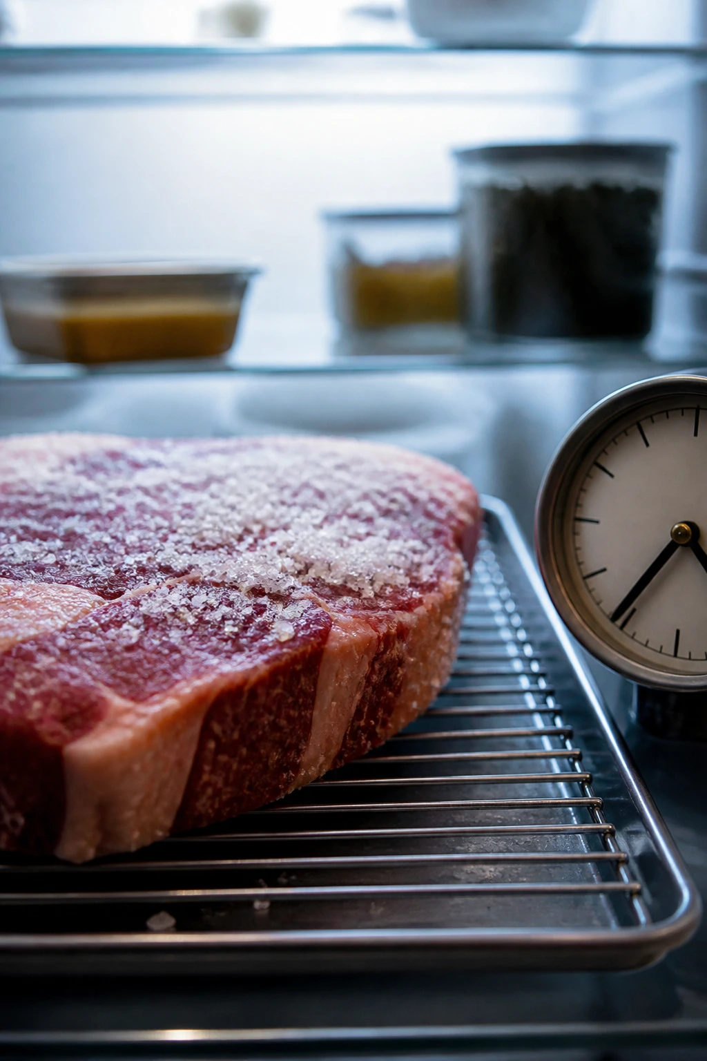 Salt-crusted meat on a wire rack in the fridge