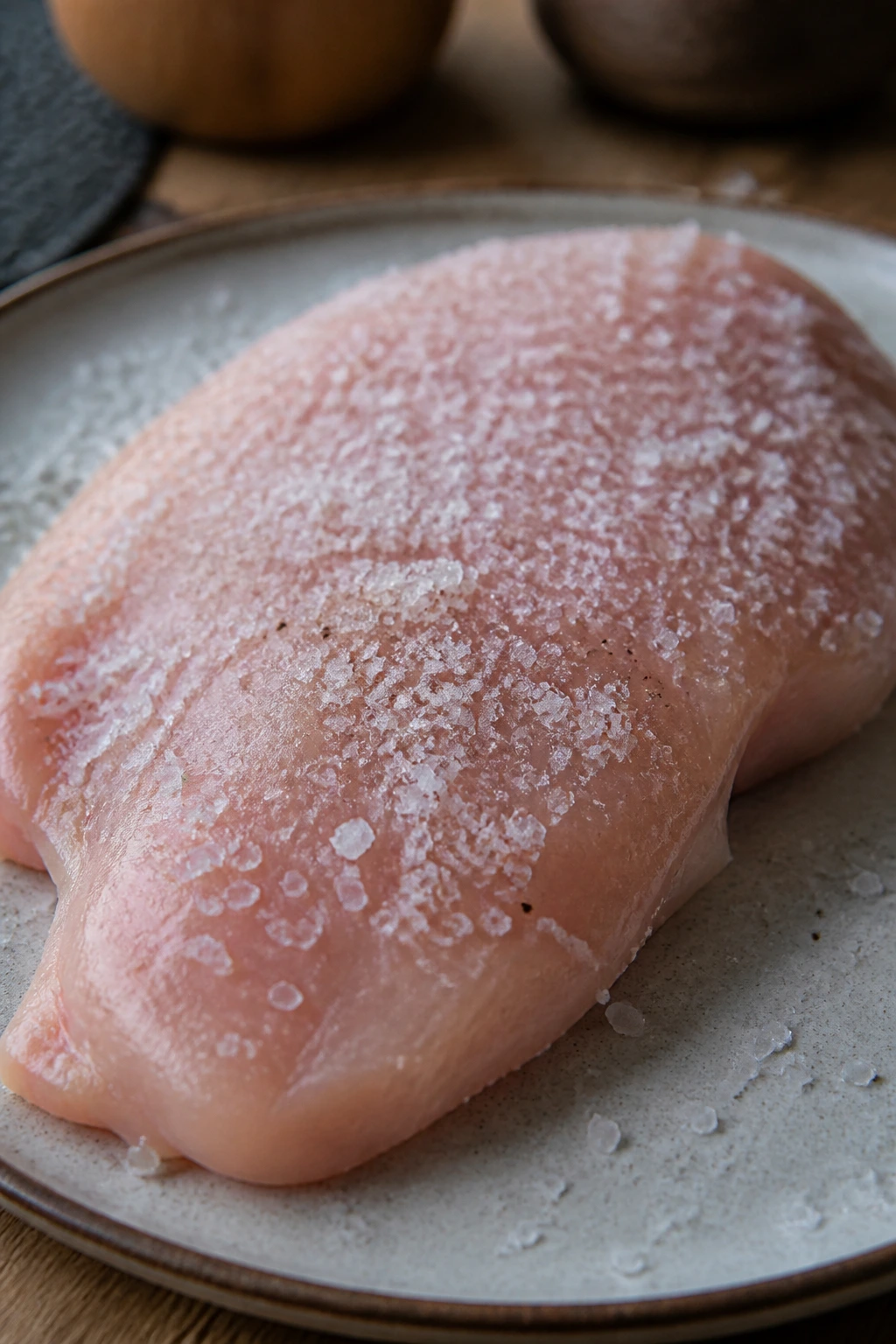 Raw chicken with visible salt crystals on surface