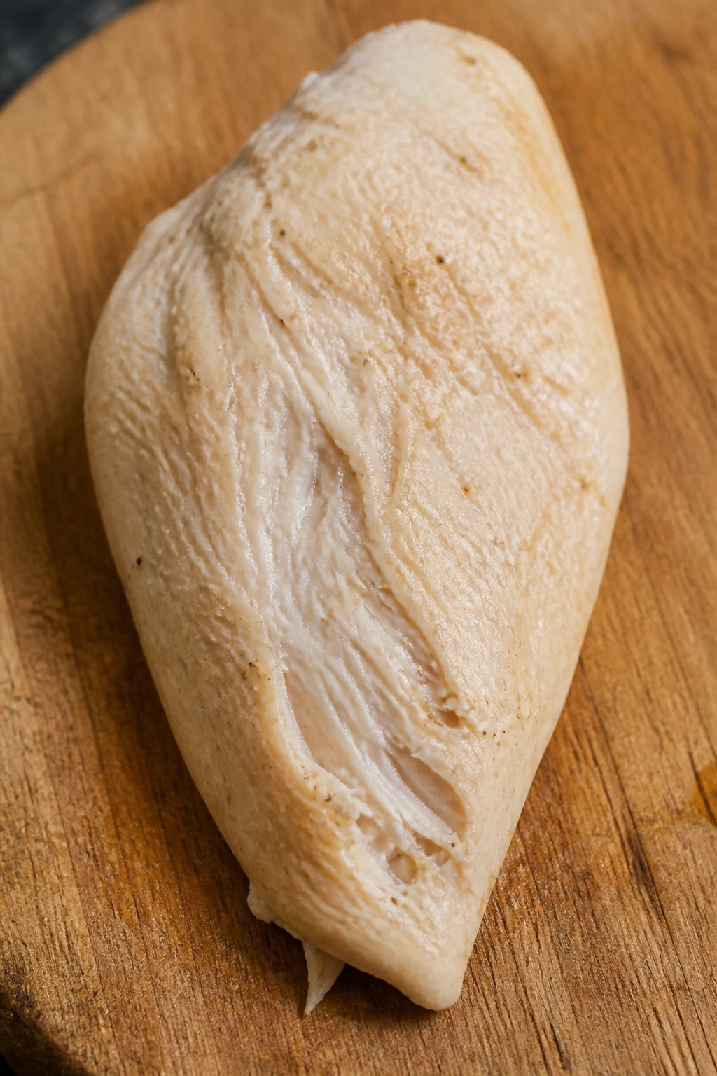 Close-up of a dry chicken breast with fibrous texture on cutting board in a kitchen