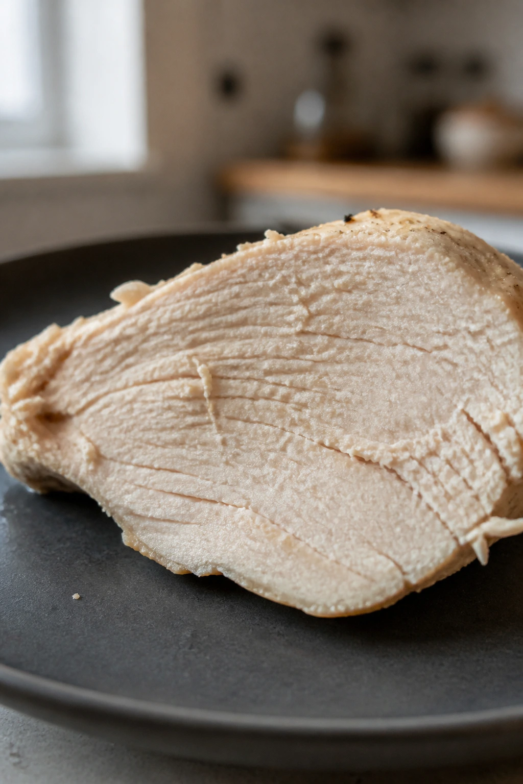 Dry-looking chicken breast slice filling a plate in a kitchen.