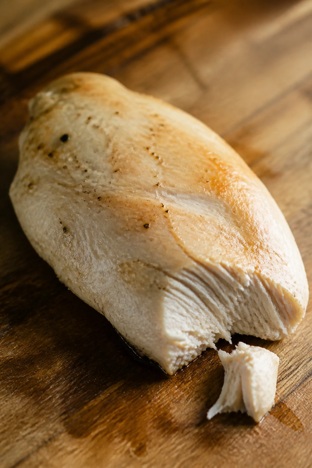 Dry chicken breast on cutting board under bright kitchen light