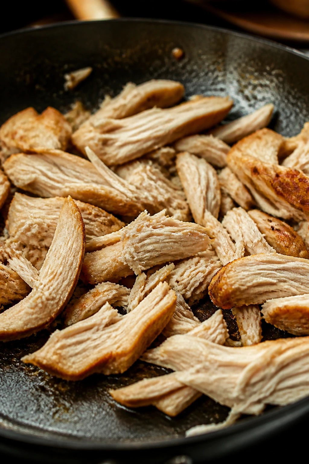 Dry leftover chicken in a skillet showing overcooking symptoms