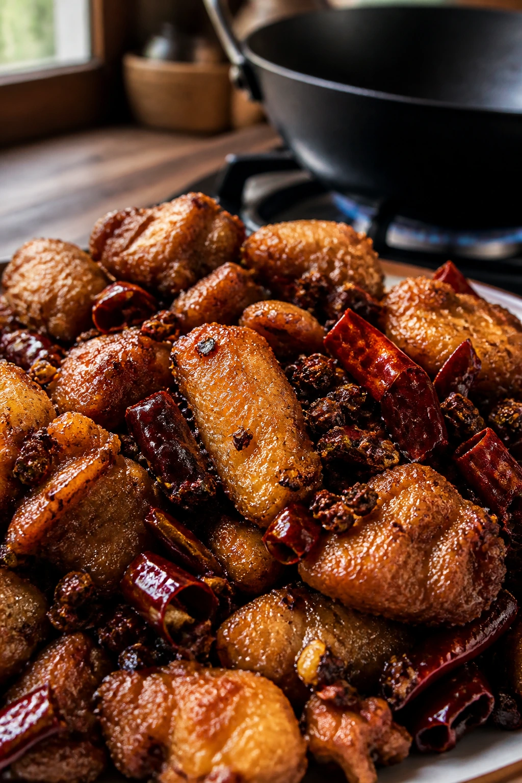 Crispy dry-fried chili chicken with dried chilies and peppercorns