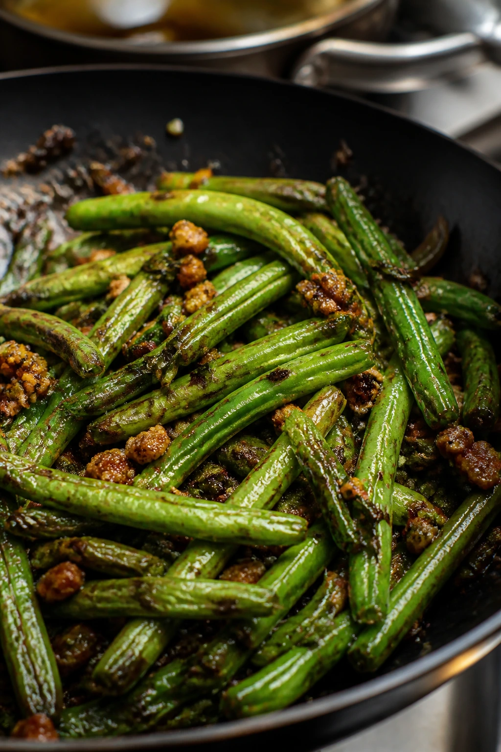 Close-up of blistered green beans with pork and preserved greens