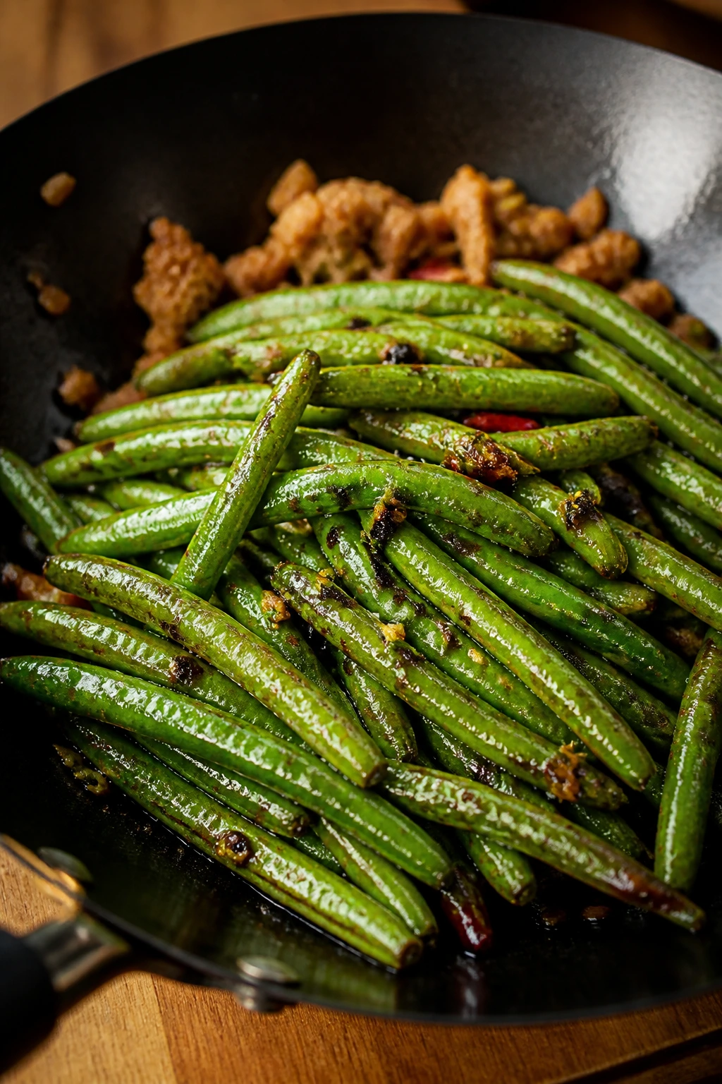 Close-up of Dry-Fried Chinese Long Beans in a wok