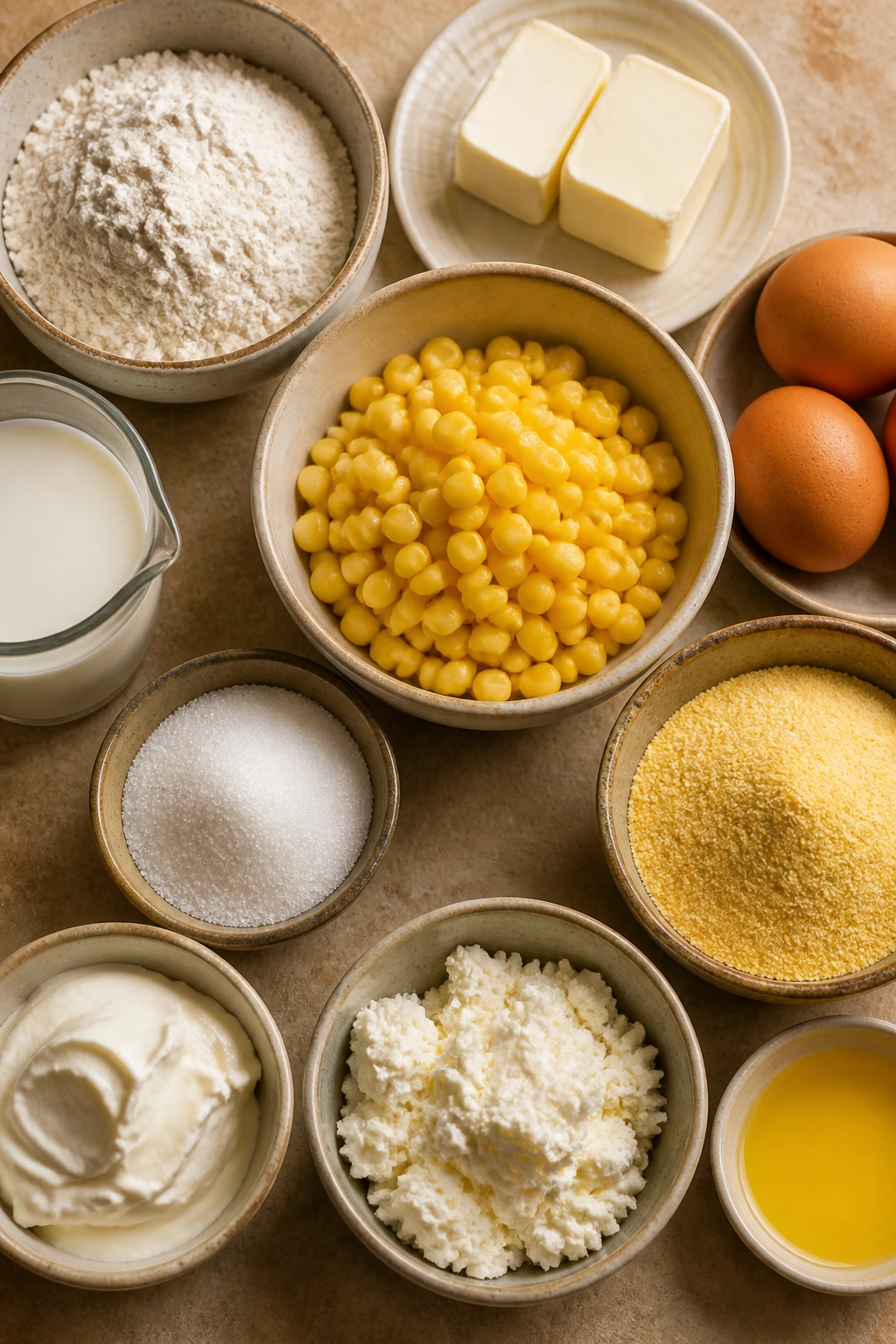 Flat lay of dry ingredients and dairy on kitchen surface