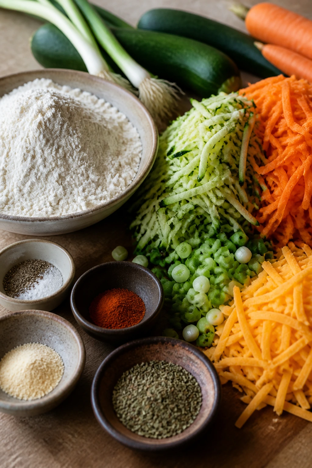 Two clusters of ingredients illustrating dry seasonings and vegetables for the savory pie