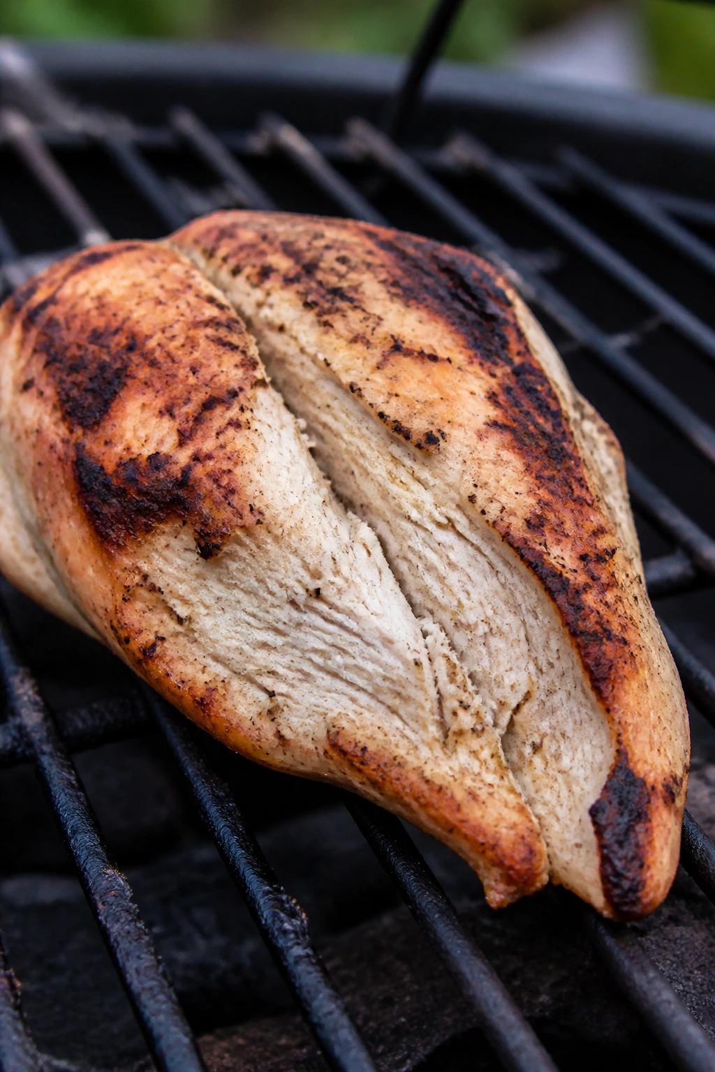 Dry, overcooked meat on a grill in an outdoor setting