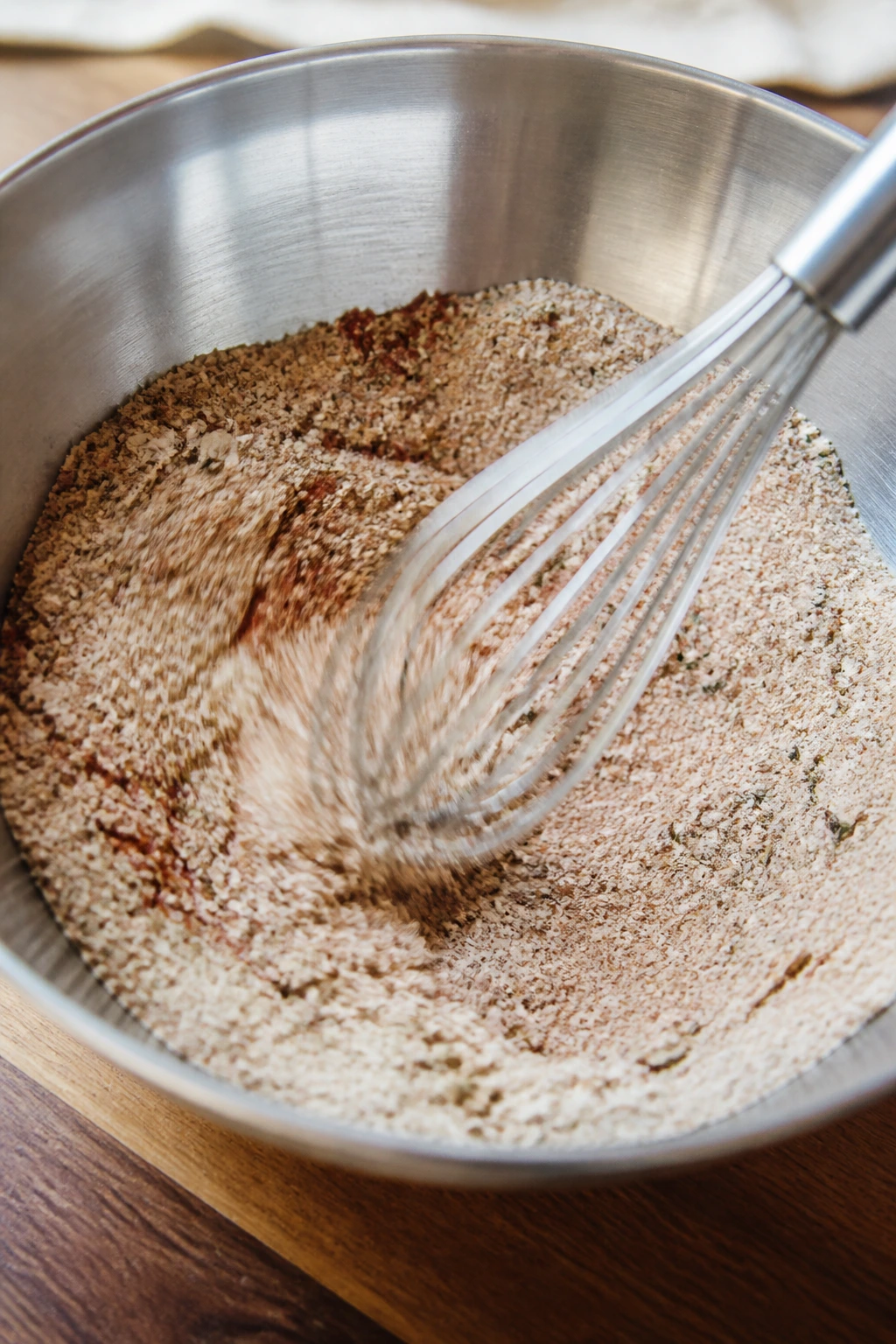 Mixing bowl with dry onion soup mix being whisked